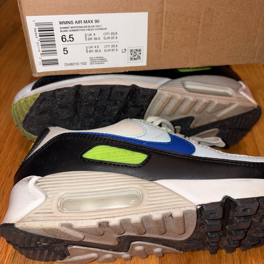 ✨ NIKE ✨ Women’s Air Max 90 Summit White/Racer Blue/Volt Size 6.5 With Box $140 - Picture 8 of 15
